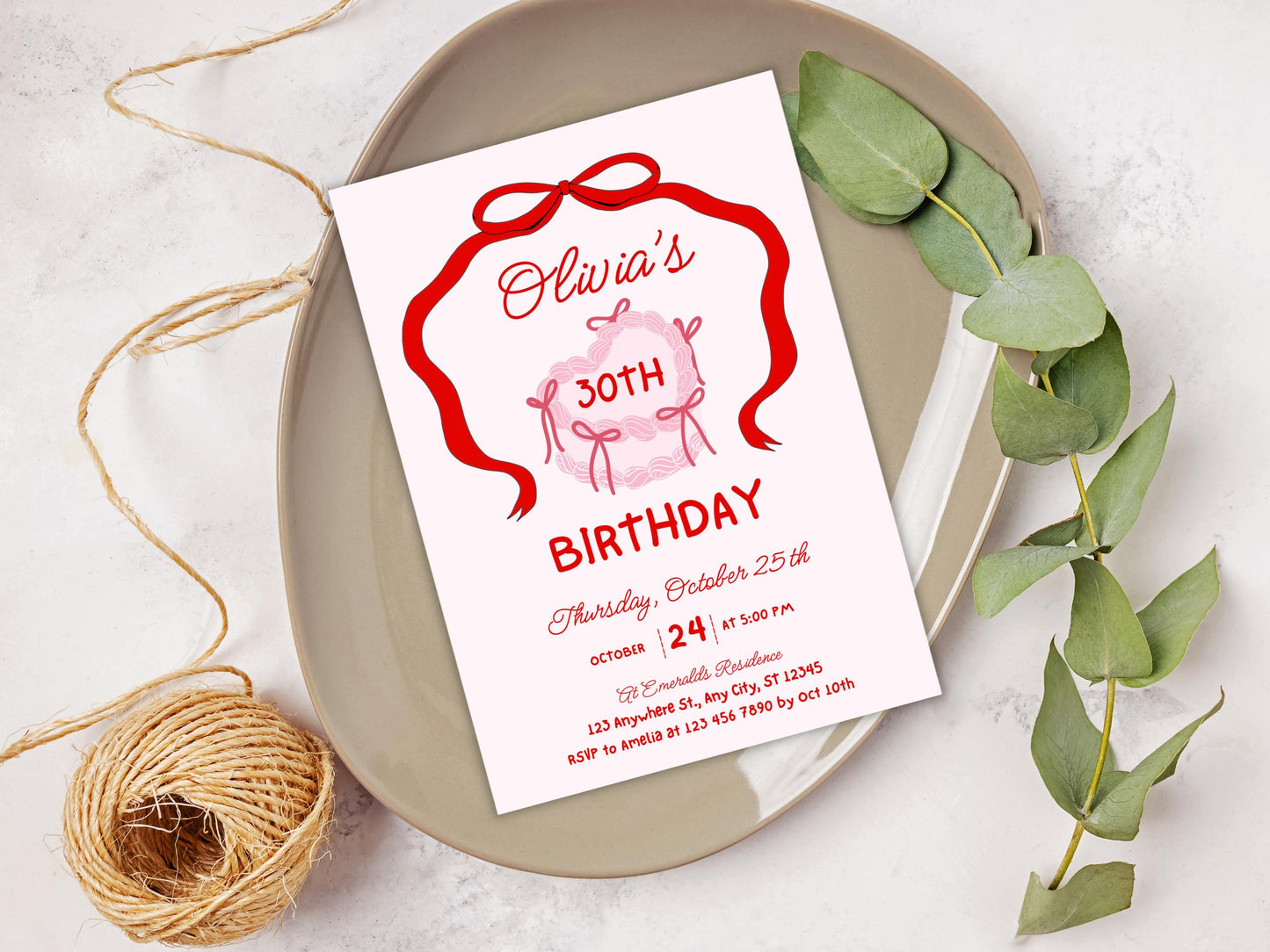 Retro Cake 30th Birthday Invitation Template, Pink Bow Coquette Invite (Editable, PDF)