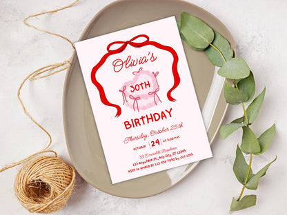 Retro Cake 30th Birthday Invitation Template, Pink Bow Coquette Invite (Editable, PDF)