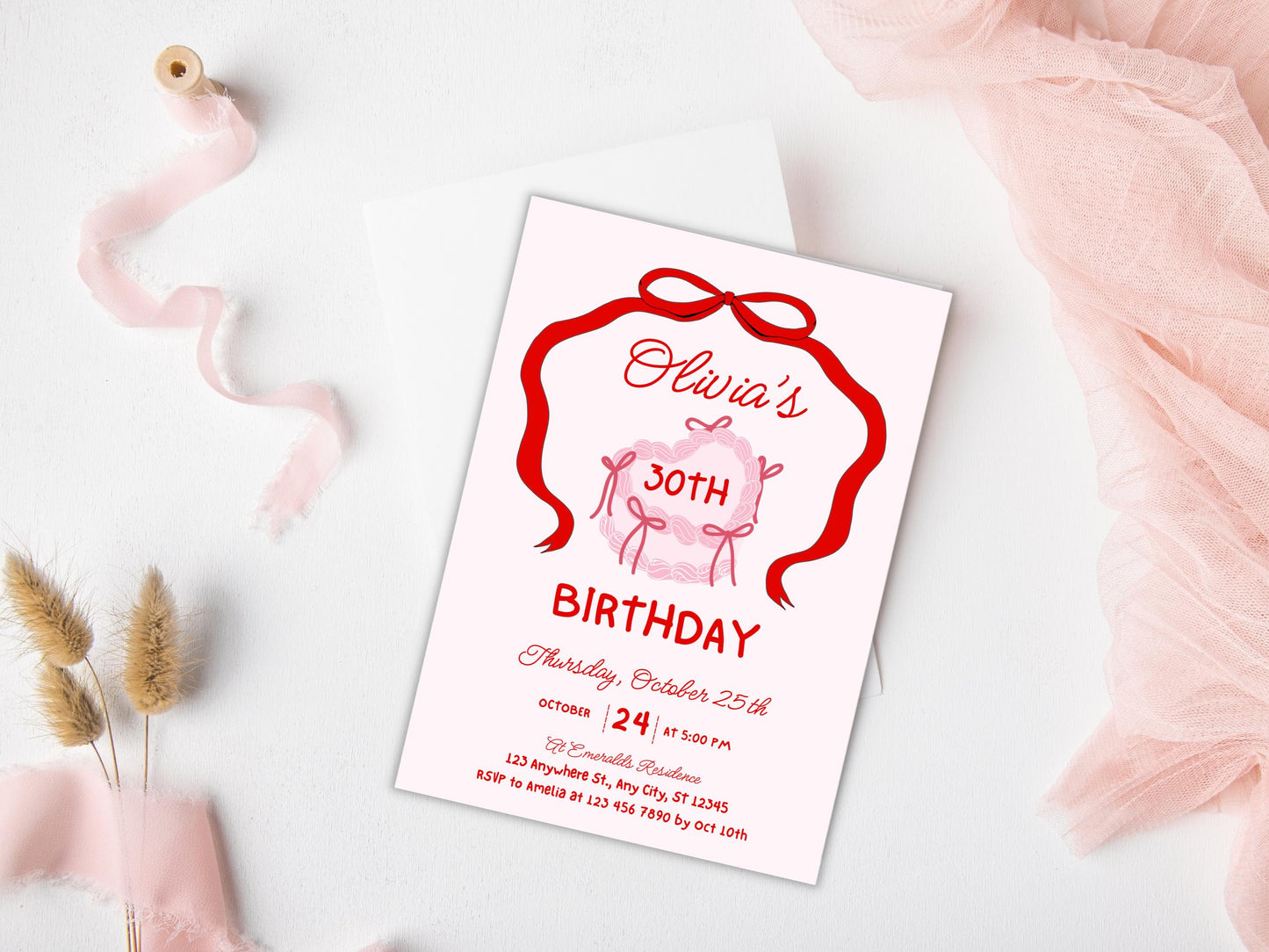 Retro Cake 30th Birthday Invitation Template, Pink Bow Coquette Invite (Editable, PDF)