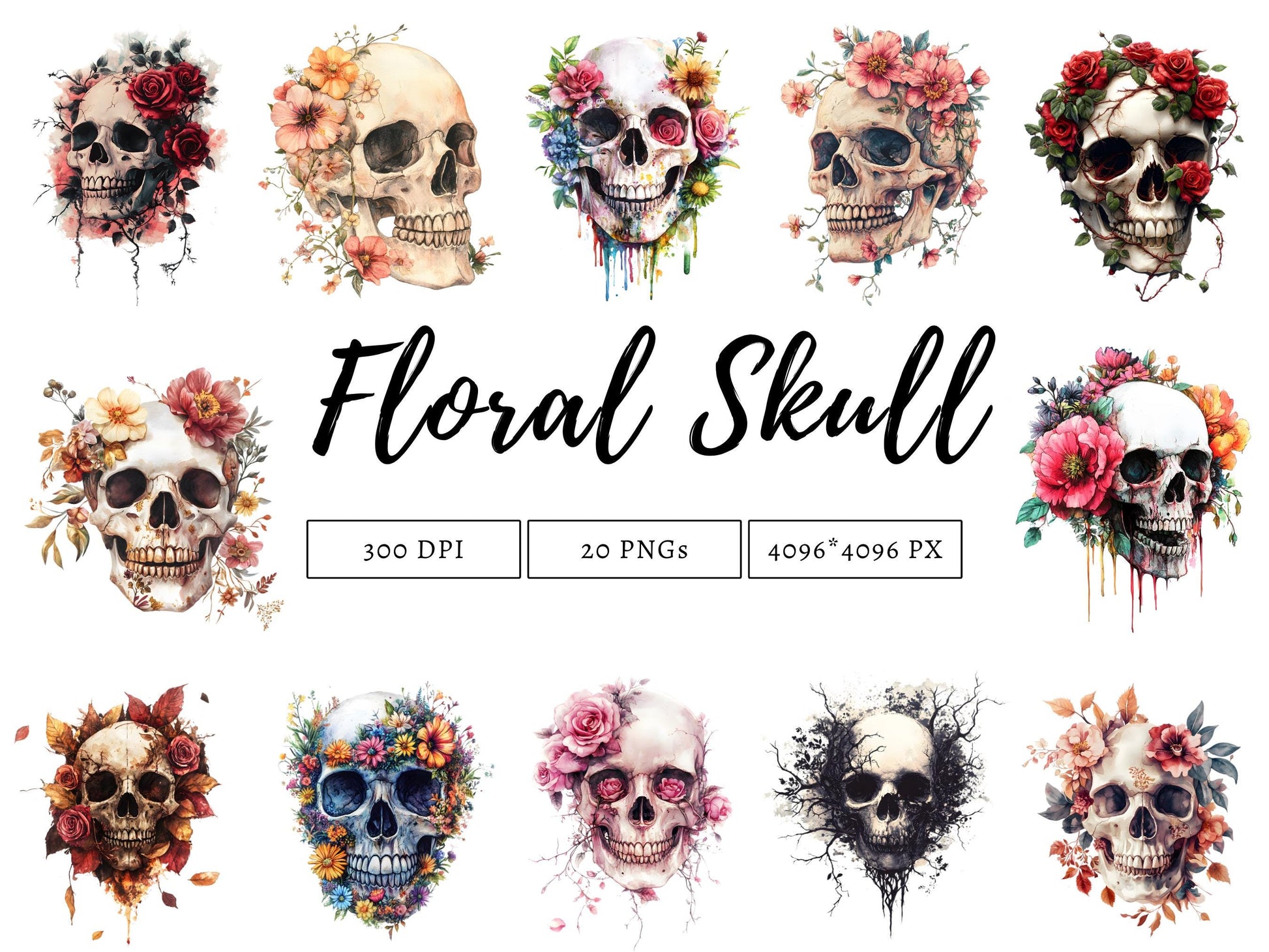 DIY Download Floral Skull Clipart Bundle