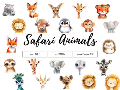 Safari-Tier-Clipart-Bundle (PNG), Aquarell-Safari-Tier-Clipart, Dschungeltier-Clipart, Tier-Clipart, Kinderzimmer-Tier-Clipart (PNG)