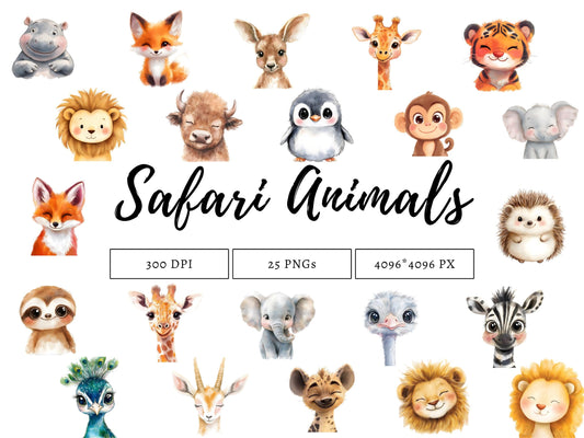 Safari Animal Clipart png Bundle, Watercolor Safari Animal Clipart, Jungle Animals Clipart, Animal Clipart, Nursery Animal Clipart png