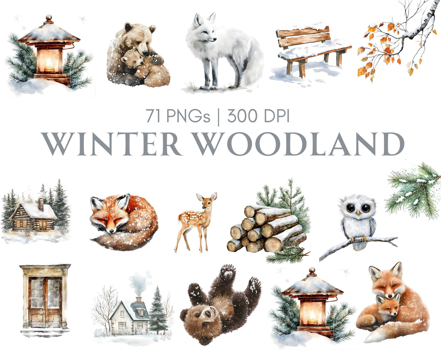 Winter Woodland Clipart Bundle, Watercolor Winter Woodland Clipart, Winter Animals Clipart, Cute Animal png, Forest Animal Clipart png