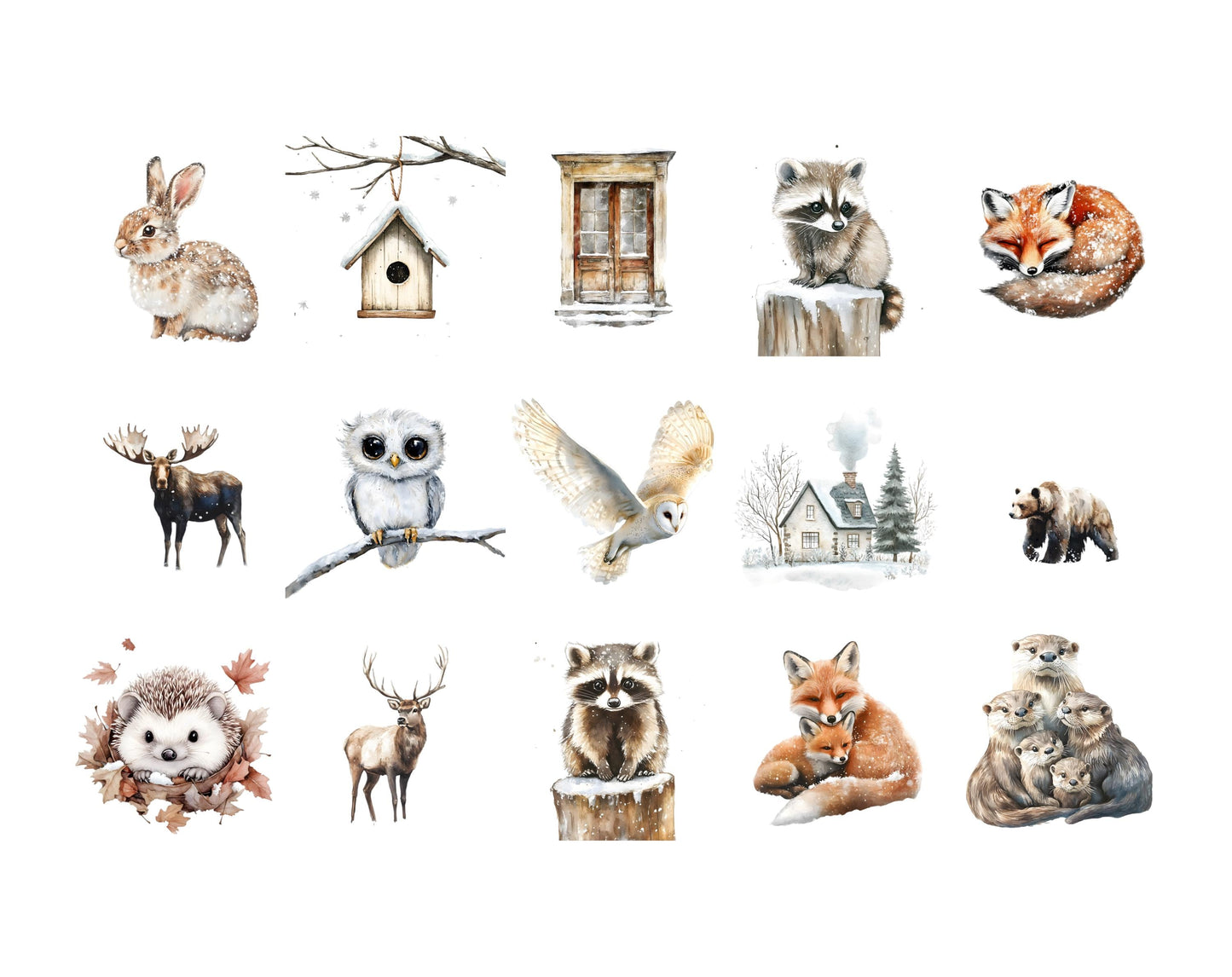 Winter Woodland Clipart Bundle, Watercolor Winter Woodland Clipart, Winter Animals Clipart, Cute Animal png, Forest Animal Clipart png