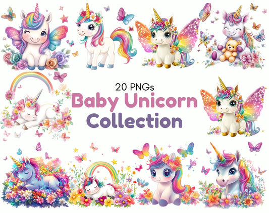 Watercolor Baby Unicorn Clipart Collection, Unicorn PNG Set (Digital Download)