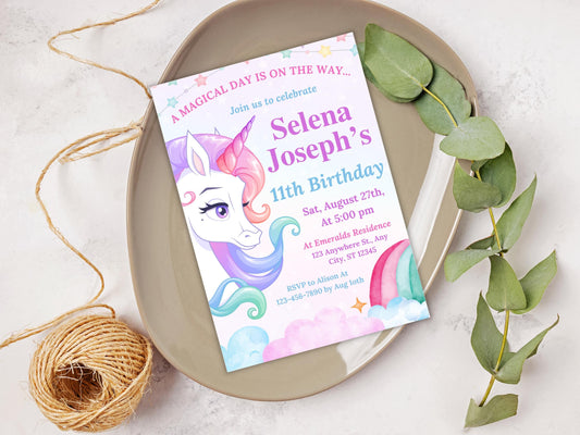Unicorn Birthday Invitation Template: Pastel Rainbow Party (Digital Download)