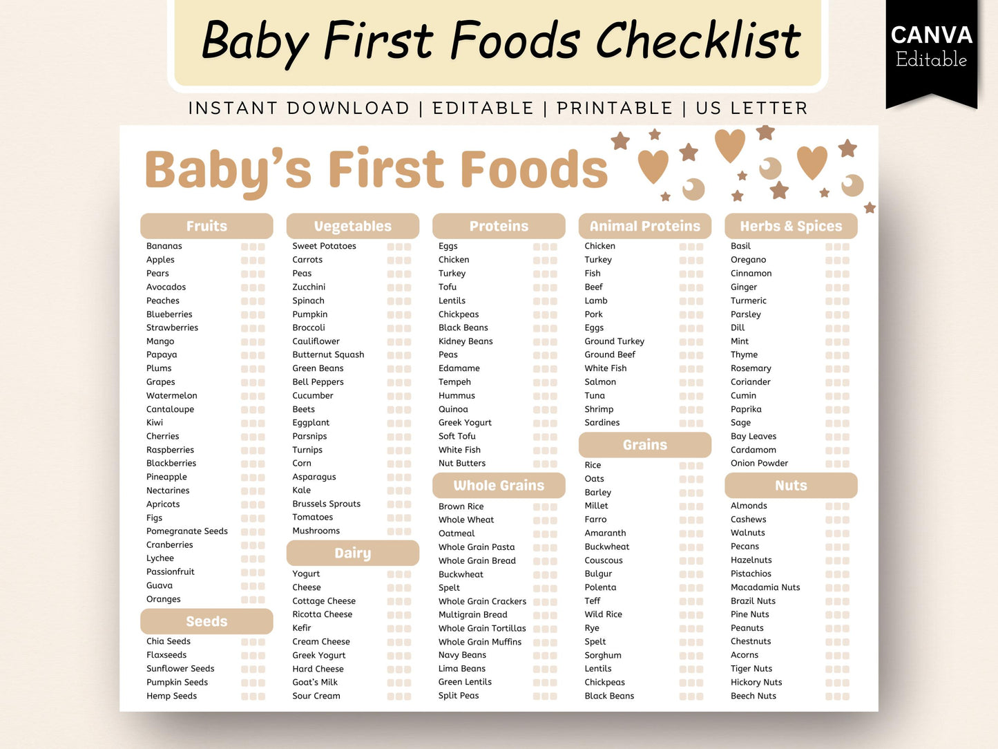 Boho Baby First Foods Checklist: Editable Weaning Chart (Digital Download)