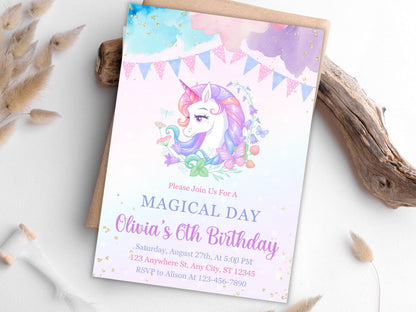 Magical Unicorn Birthday Invitation: Pastel Rainbow Party (Canva Template)