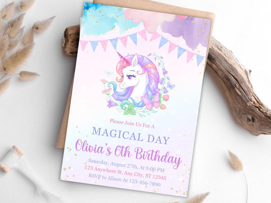 Magical Unicorn Birthday Invitation: Pastel Rainbow Party (Canva Template)