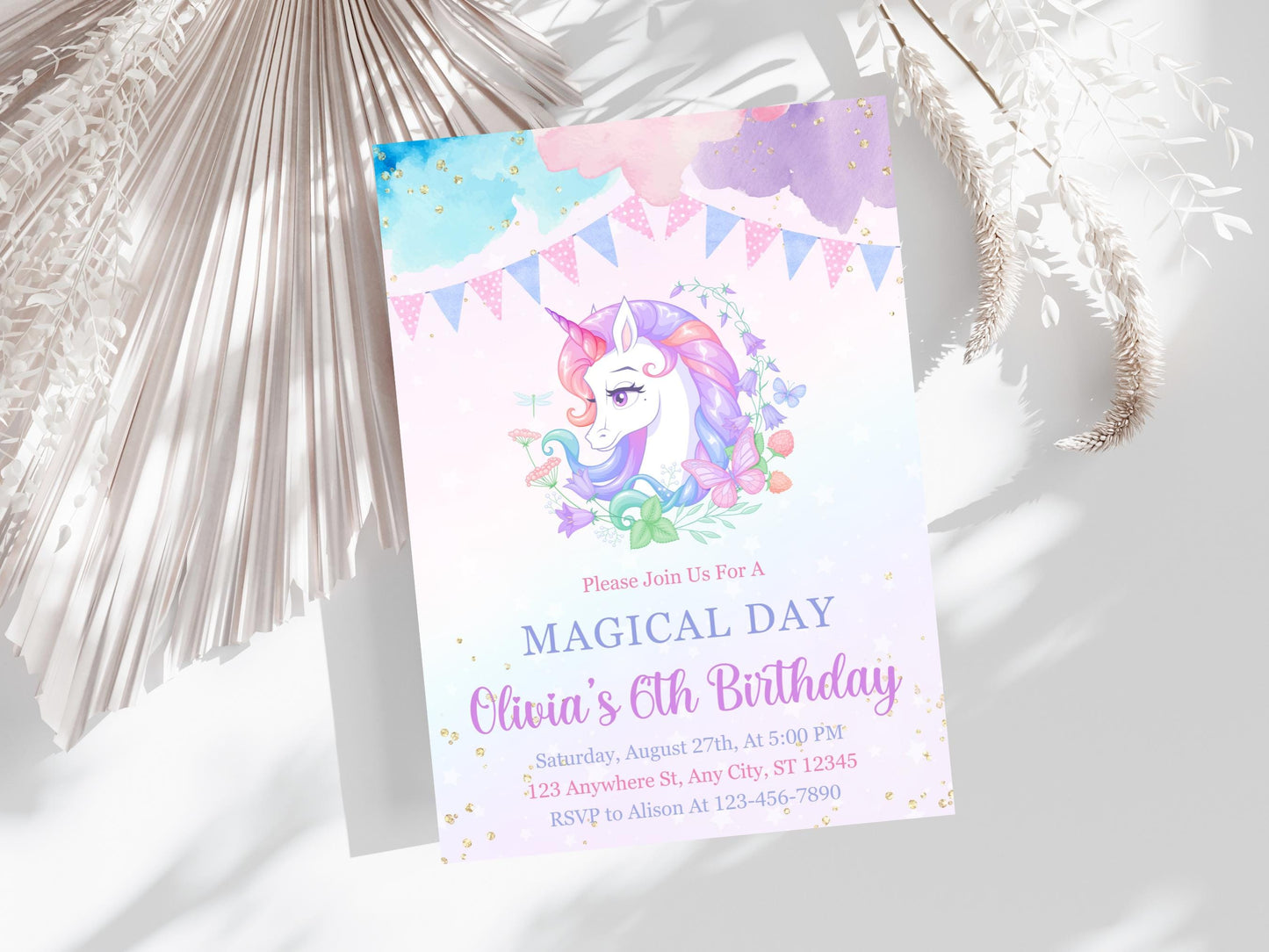 Magical Unicorn Birthday Invitation: Pastel Rainbow Party (Canva Template)