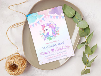 Magical Unicorn Birthday Invitation: Pastel Rainbow Party (Canva Template)