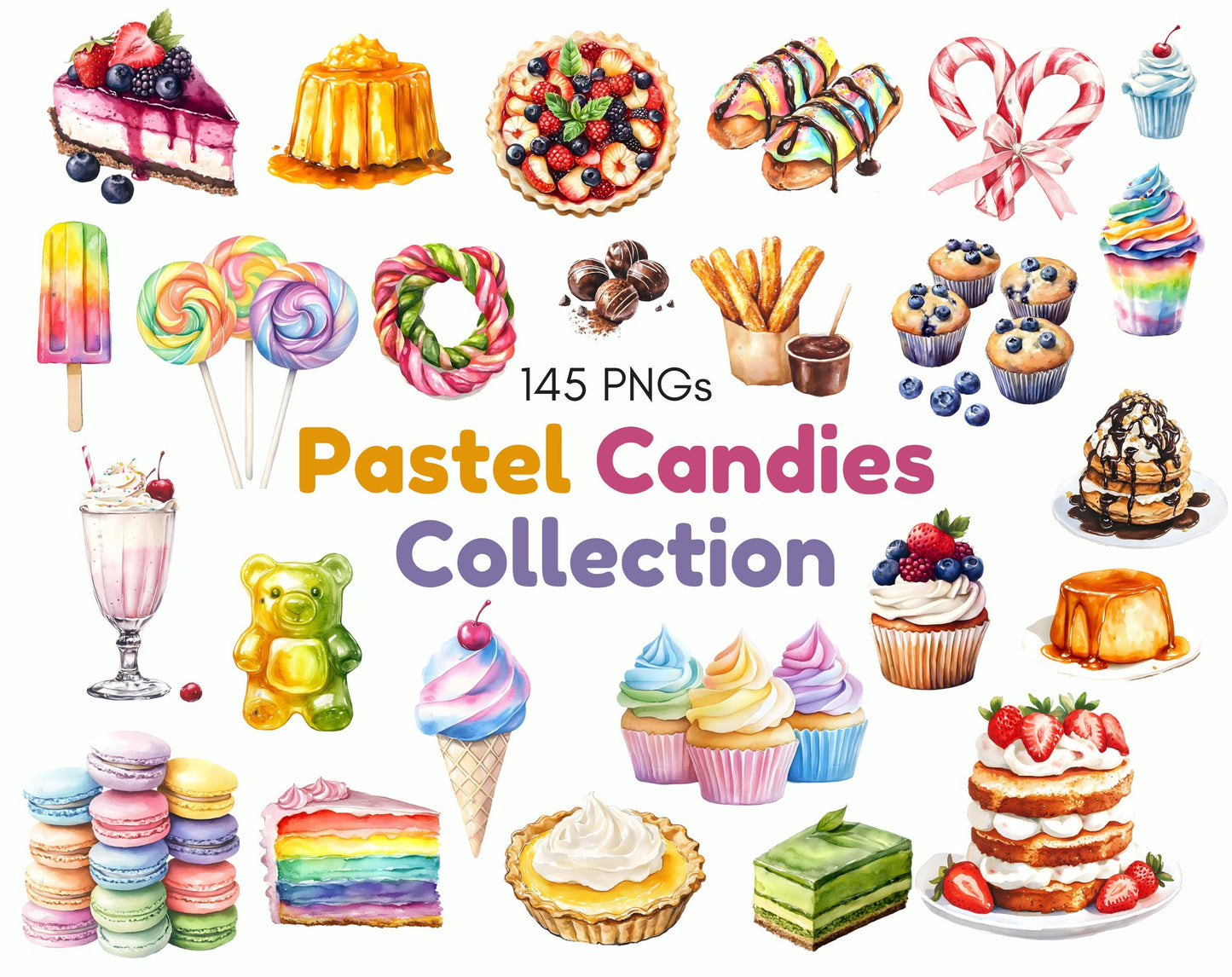 Watercolor Pastel Candy Clipart Bundle (Digital Download)