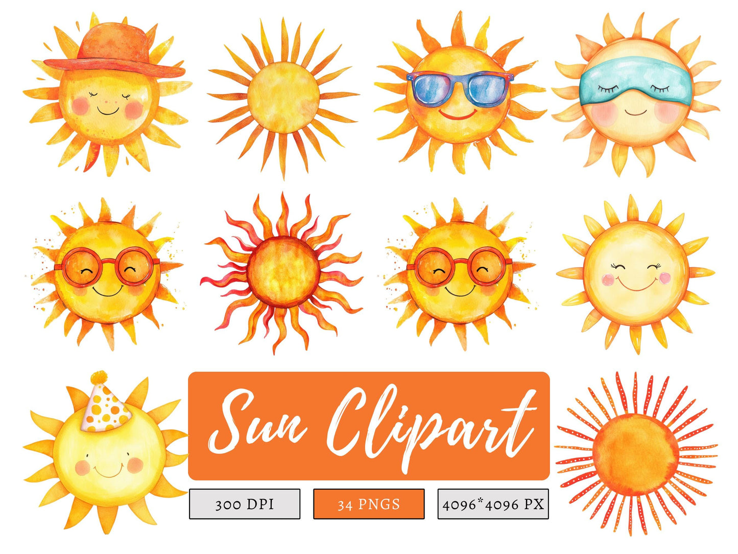 Sonnen-Clipart-Bundle (PNG), Aquarell-Sonnen-Clipart (PNG), Sonne (PNG), Niedliche Sonnen-Clipart, Sonnenaufgangs-Clipart, Sonnenschein-Clipart, Digitaler Download