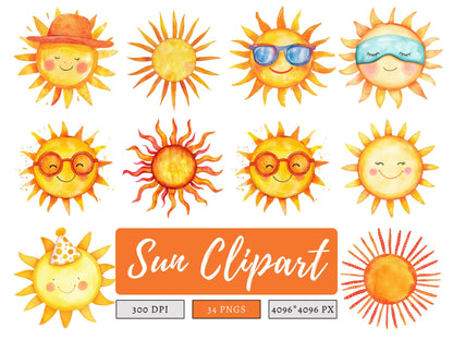 Sonnen-Clipart-Bundle (PNG), Aquarell-Sonnen-Clipart (PNG), Sonne (PNG), Niedliche Sonnen-Clipart, Sonnenaufgangs-Clipart, Sonnenschein-Clipart, Digitaler Download