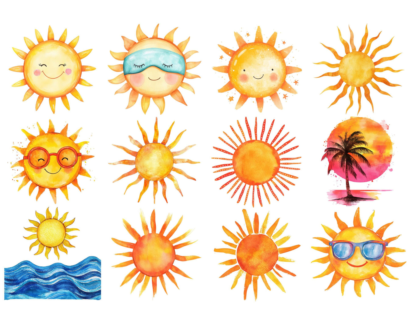 Sonnen-Clipart-Bundle (PNG), Aquarell-Sonnen-Clipart (PNG), Sonne (PNG), Niedliche Sonnen-Clipart, Sonnenaufgangs-Clipart, Sonnenschein-Clipart, Digitaler Download