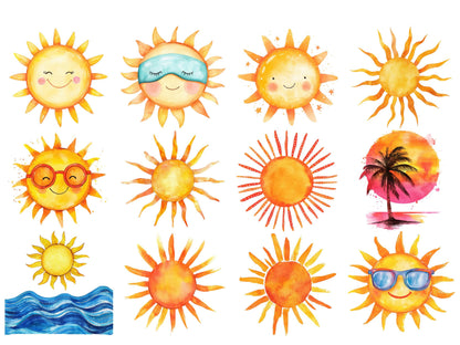 Sonnen-Clipart-Bundle (PNG), Aquarell-Sonnen-Clipart (PNG), Sonne (PNG), Niedliche Sonnen-Clipart, Sonnenaufgangs-Clipart, Sonnenschein-Clipart, Digitaler Download
