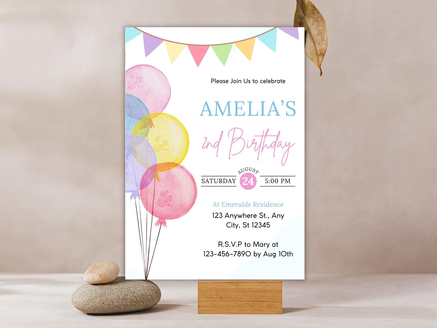 Balloon Birthday Invitation Template, Kids Party Invite (Editable, PDF)