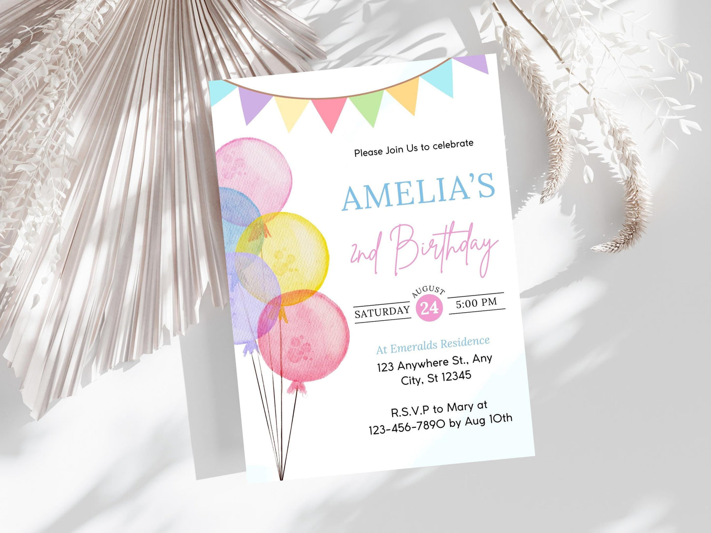 Balloon Birthday Invitation Template, Kids Party Invite (Editable, PDF)