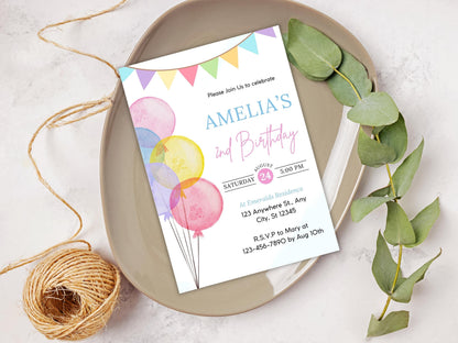 Balloon Birthday Invitation Template, Kids Party Invite (Editable, PDF)