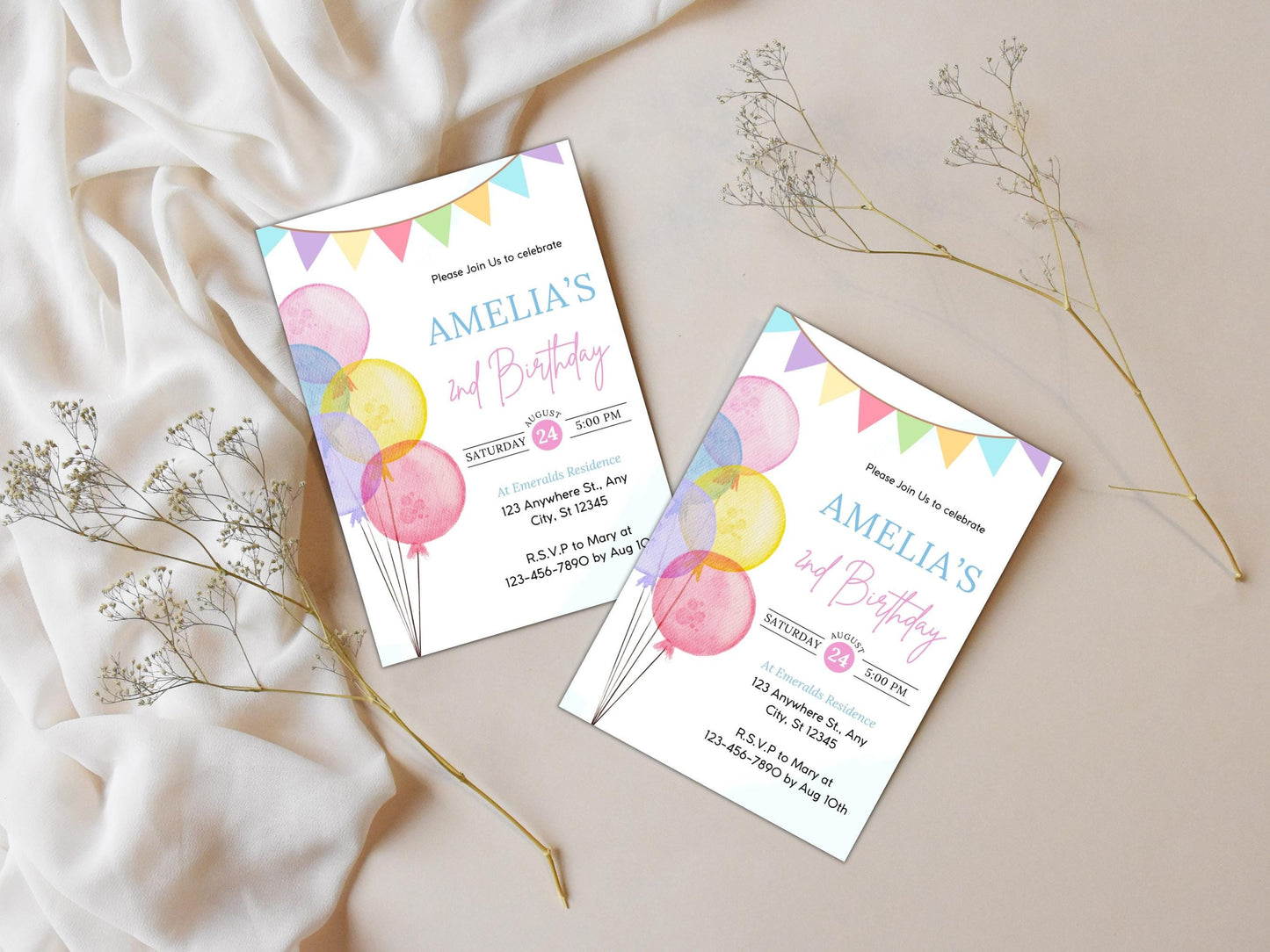 Balloon Birthday Invitation Template, Kids Party Invite (Editable, PDF)