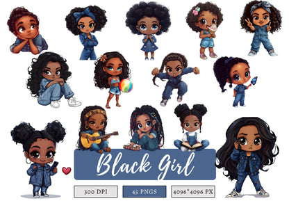 Schwarzes Mädchen Clipart, Aquarell-Clipart-Bundle mit schwarzem Mädchen, Schwarzes Mädchen PNG, Hochauflösende PNG-Dateien mit schwarzem Mädchen, Mädchen PNG, Digitaler Download