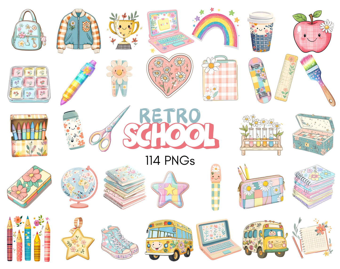 Retro School Clipart Bundle, Groovy Back To School Clip Art (PNG)