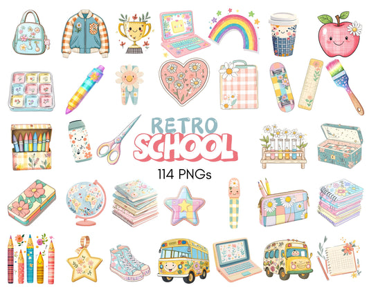 Retro School Clipart Bundle, Groovy Back To School Clip Art (PNG)