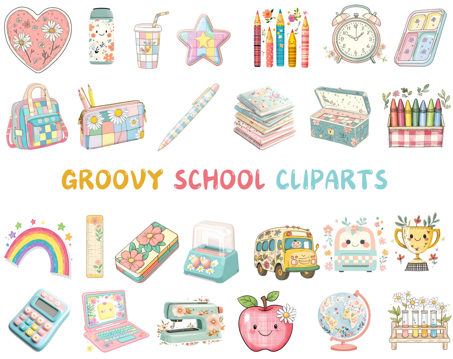 Retro School Clipart Bundle, Groovy Back To School Clip Art (PNG)