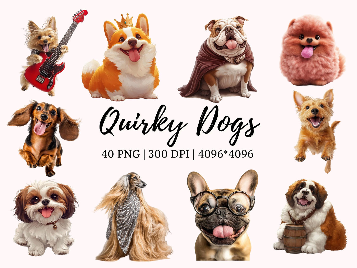 Skurrile Hunde-Cliparts (PNG-Bundle), Aquarell-Hunde-Cliparts, Cliparts skurriler Hunderassen, Haustierrassen-Cliparts, verspielte Hunde-PNGs, Tier-Cliparts