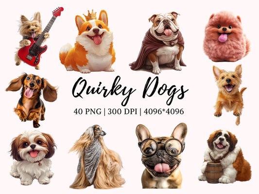 Quirky Dog Clipart png Bundle, Watercolor Quirky Dog Clipart, Quirky Dog Breed Clipart, Pet Breed Clipart, Whimsical Dog png, Animal Clipart