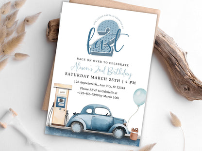 Two Fast 2nd Birthday Invitation: Vintage Racing Car (PDF)