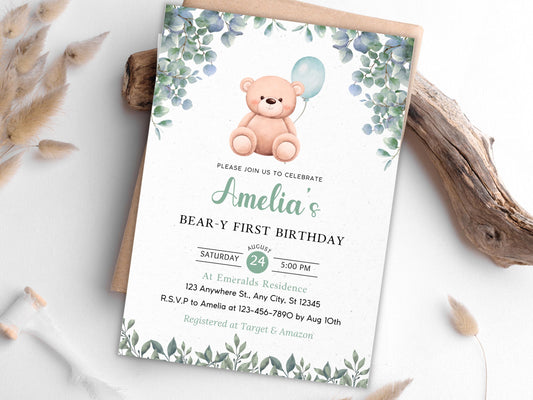 Einladung zum 1. Geburtstag mit Teddybär-Motiv (Digitaler Download)