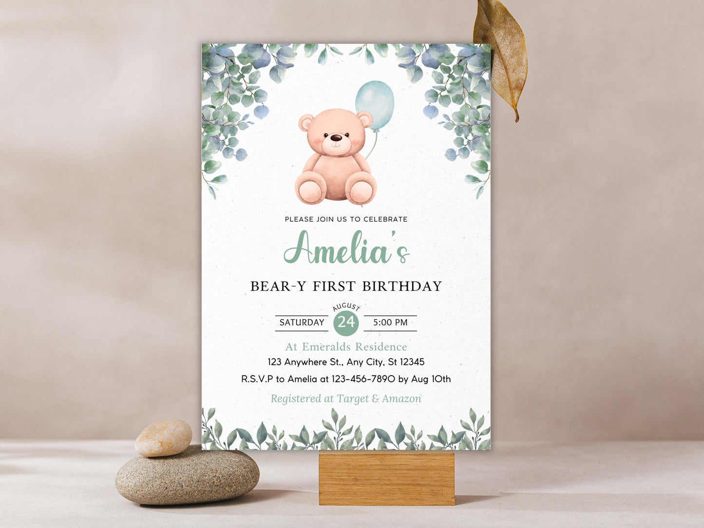 Einladung zum 1. Geburtstag mit Teddybär-Motiv (Digitaler Download)