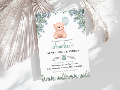 Einladung zum 1. Geburtstag mit Teddybär-Motiv (Digitaler Download)