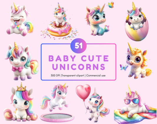 51 Baby Unicorn Clipart, Cute Unicorn png, Baby Unicorn Clipart Bundle, Magical Unicorn Clipart png bundle, Rainbow Unicorn Clipart