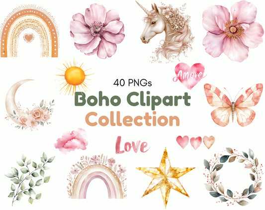 Watercolor Boho Rainbow Clipart Bundle, Nursery Art (Digital Download)