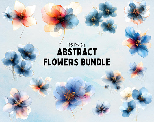 15 Watercolor Abstract Flower Clipart, PNG Bundle (Digital Download)