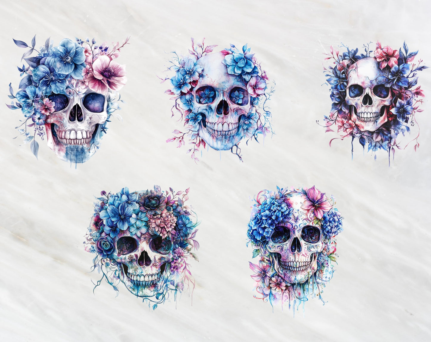 Floral Skull Clipart Bundle, Whimsical PNG Images (Digital Download)