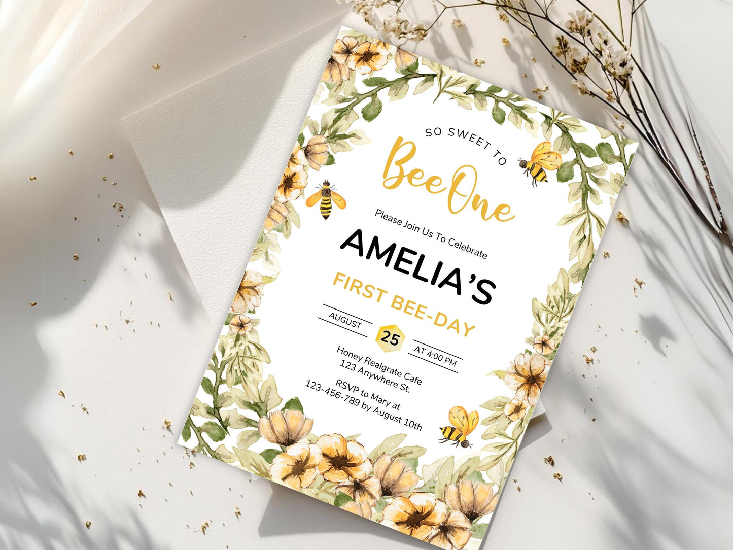 Bee First Birthday Invitation Template, Editable Canva (PDF)