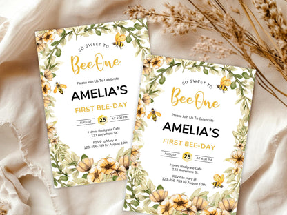 Bee First Birthday Invitation Template, Editable Canva (PDF)