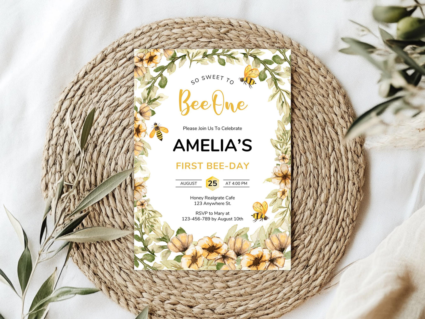 Bee First Birthday Invitation Template, Editable Canva (PDF)