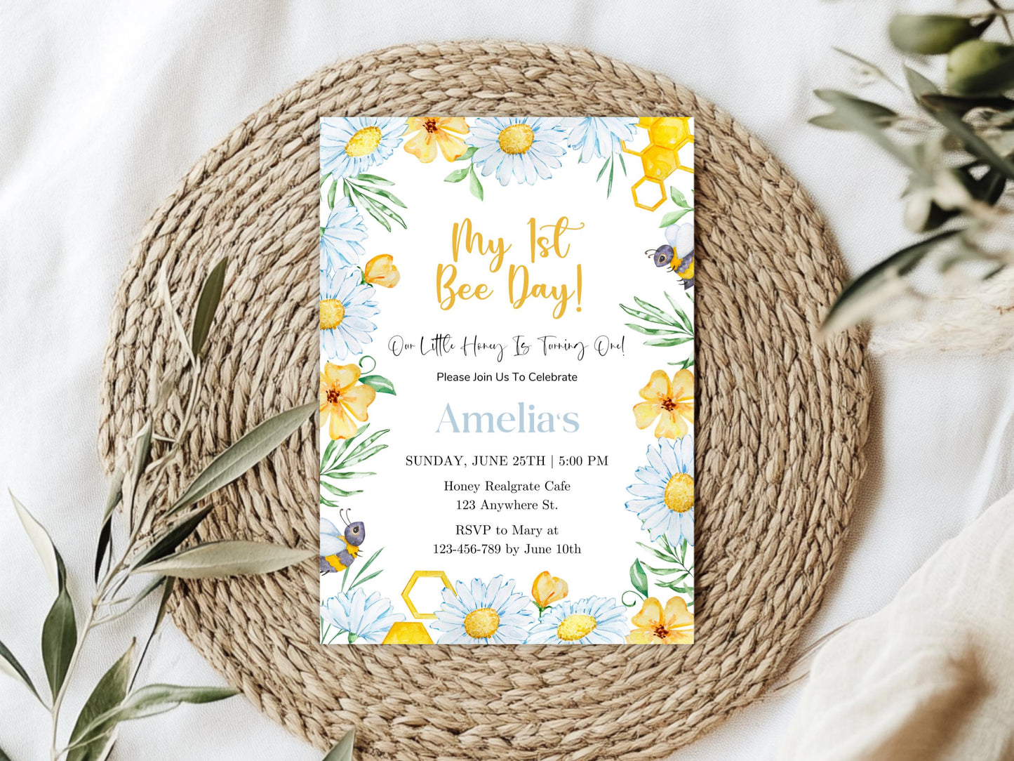 Bee 1st Birthday Invitation Template, Editable Canva (PDF)