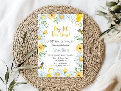 Bee 1st Birthday Invitation Template, Editable Canva (PDF)