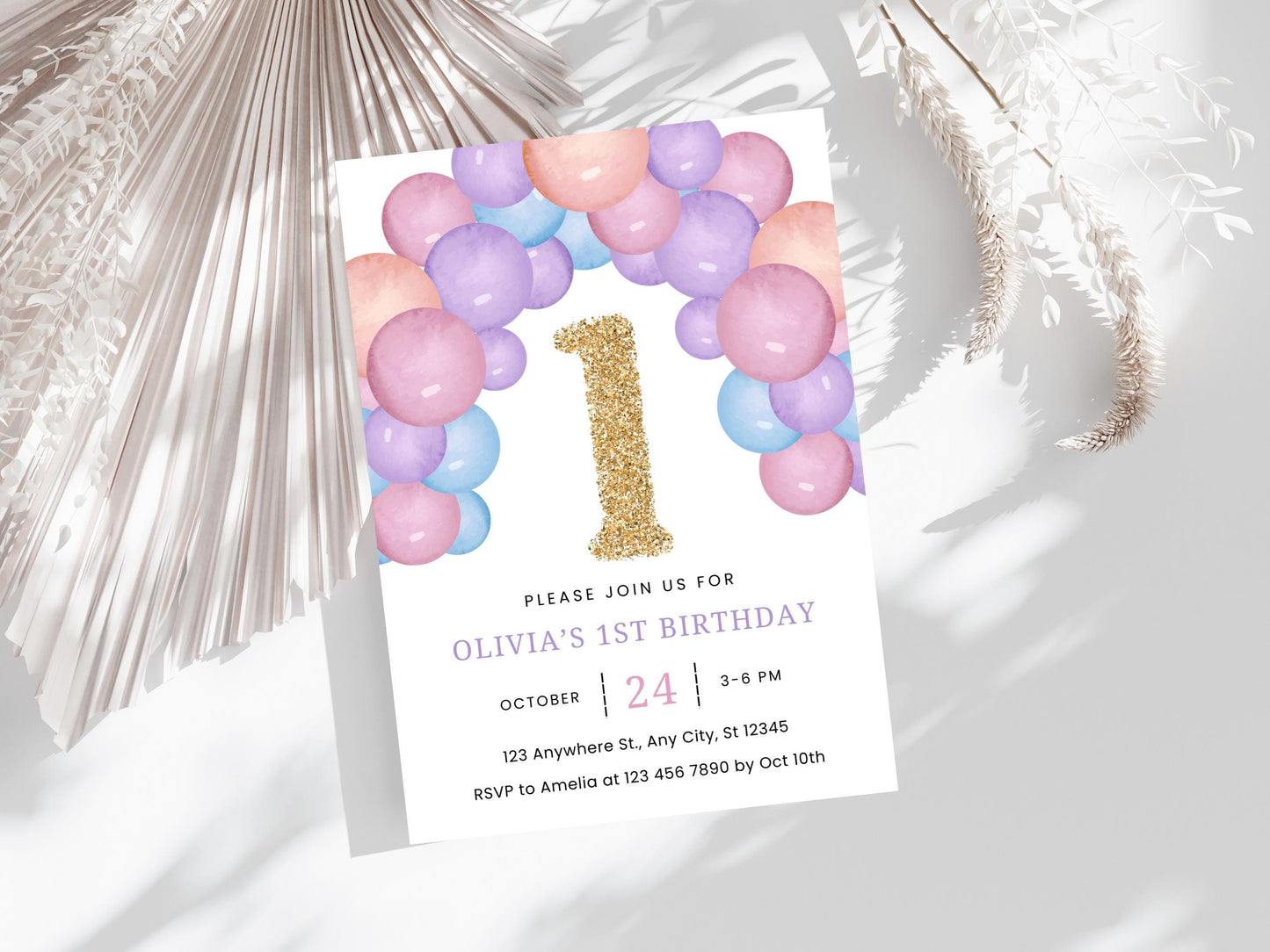 Minimalist 1st Birthday Invitation Template: Gold Number, Blush Balloons (Digital Download)