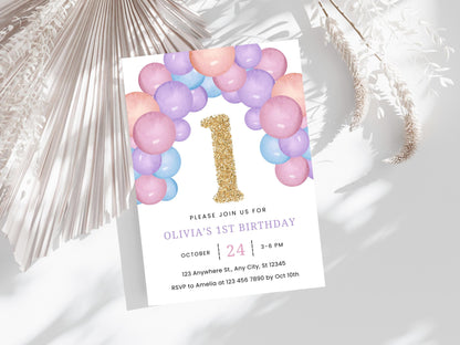 Minimalist 1st Birthday Invitation Template: Gold Number, Blush Balloons (Digital Download)