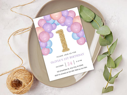 Minimalist 1st Birthday Invitation Template: Gold Number, Blush Balloons (Digital Download)