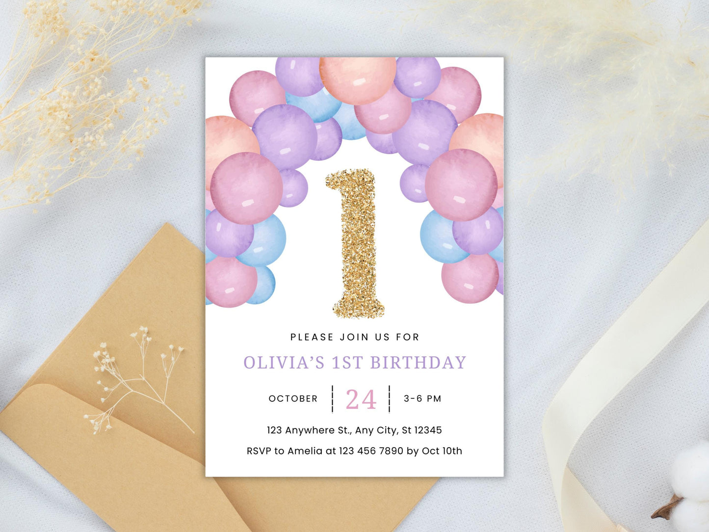 Minimalist 1st Birthday Invitation Template: Gold Number, Blush Balloons (Digital Download)