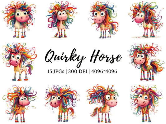 Quirky Horse Clipart png Bundle, Horse Clipart, Funny Horse Clipart, Quirky Animal Clipart, Animal Clipart, Watercolor Quirky Horse Clipart