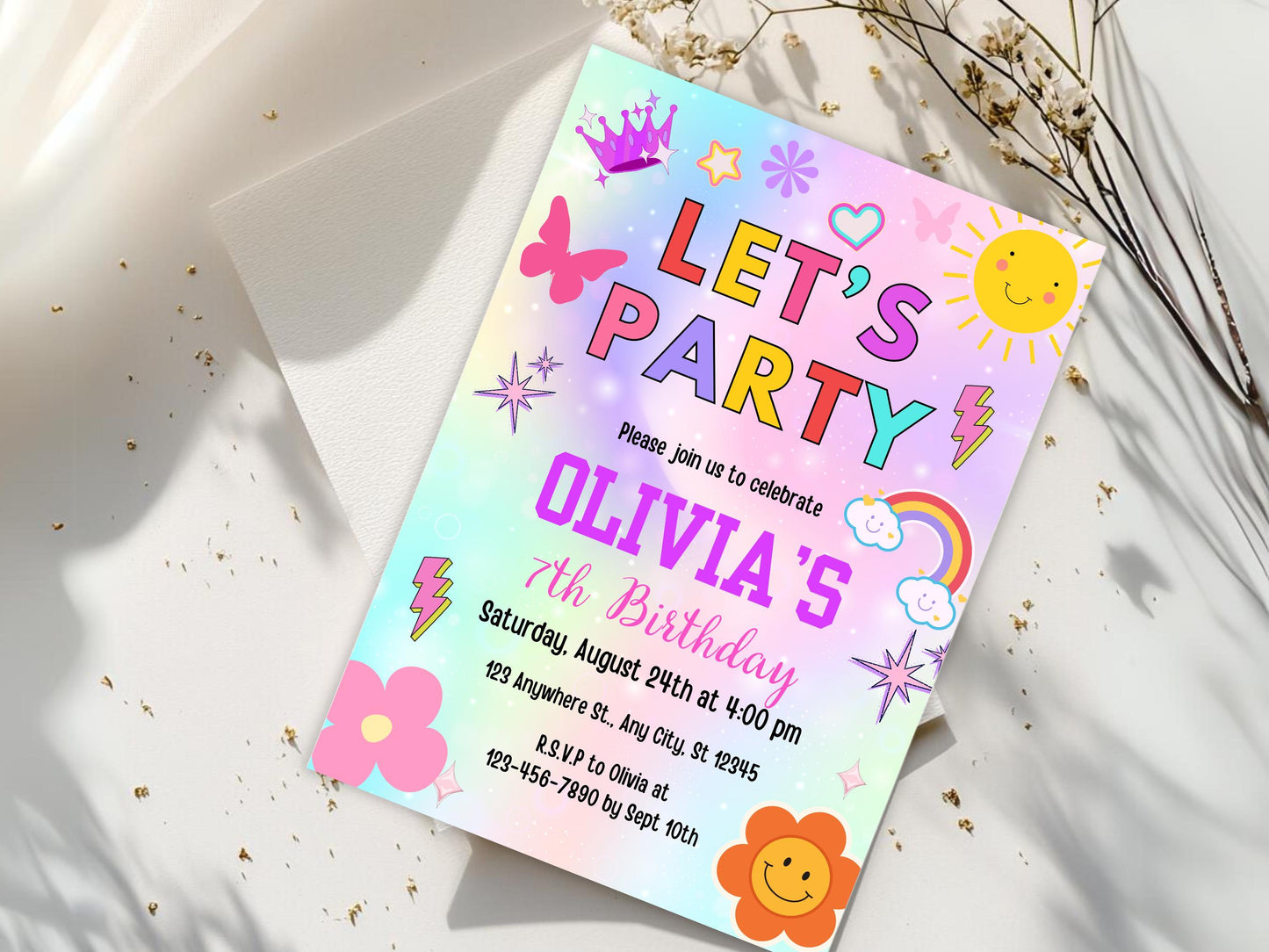 Regenbogen-Geburtstagseinladung | Bearbeitbare Partyeinladungsvorlage (PDF)