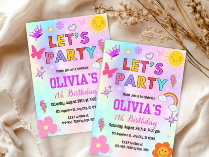 Regenbogen-Geburtstagseinladung | Bearbeitbare Partyeinladungsvorlage (PDF)